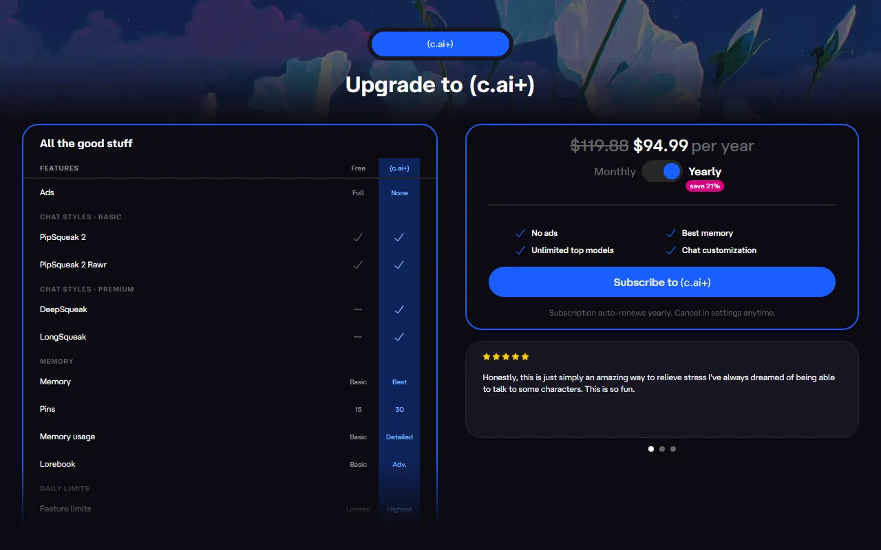 Character.AI pricing page